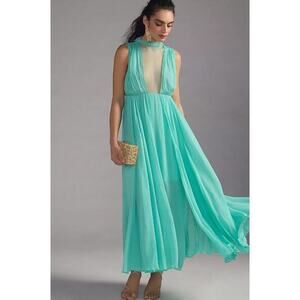 Anthropologie Forever That Girl Plunge Chiffon Maxi Dress Teal Size M